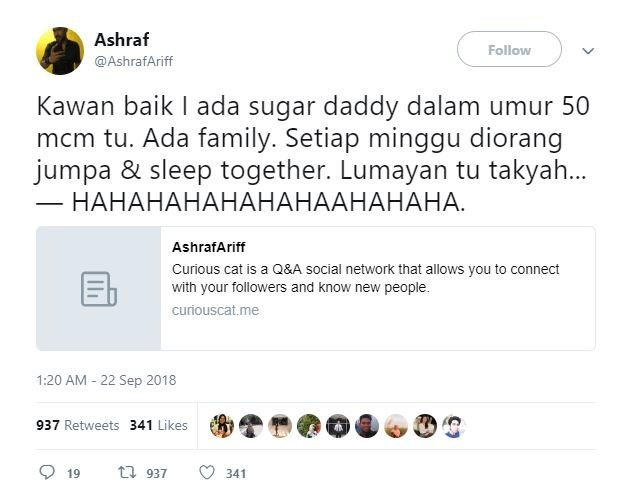 Cuitan tentang Sugar Daddy yang viral di Twitter. (Twitter/@AshraffAriff)