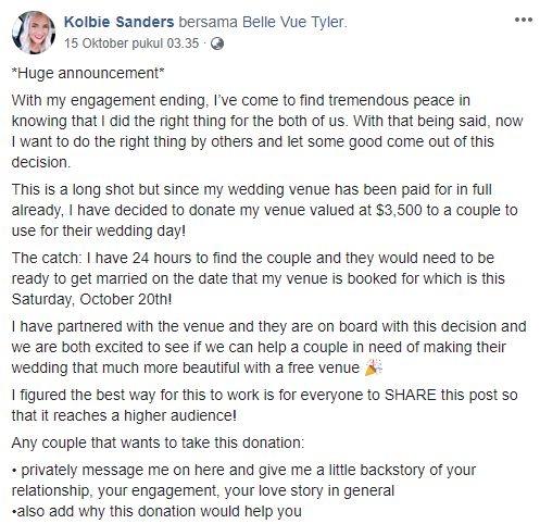Pengumuman Kolbie Sanders terkait pesta pernikahannya. (Facebook/Kolbie Sanders)