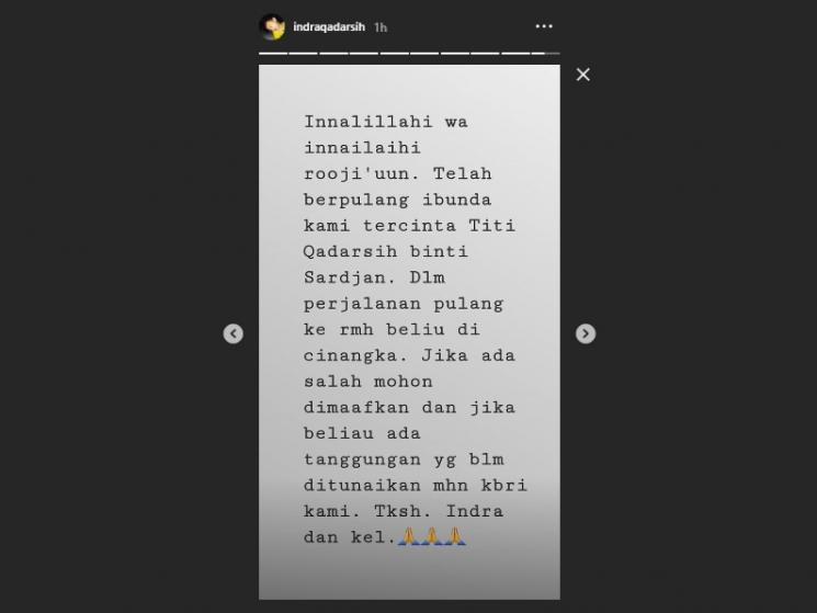 Titi Qadarsih meninggal dunia. (Instagram/@indraqadarsih)