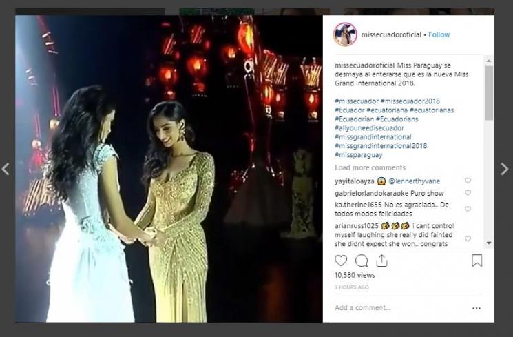 Detik-detik Miss Grand International 2018 pingsan. (Instagram/@missecuadoroficial)