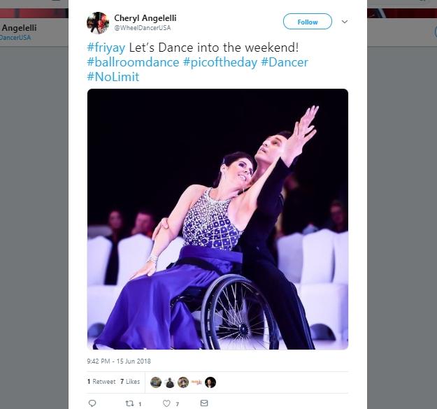 Cheryl Angelelli menjadi penari meski tak bisa berjalan. (Twitter/@WheelDancerUSA)