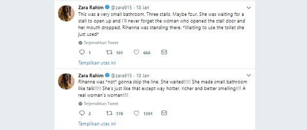 Cuitan Zara Rahim, berbagi toilet umum dengan Rihanna. (Twitter/@zara915)