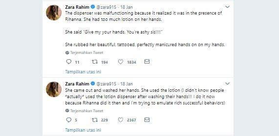 Cuitan Zara Rahim, berbagi toilet umum dengan Rihanna. (Twitter/@zara915)