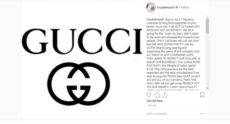 Gucci kena aksi boikot. (Instagram/@troubleman31)