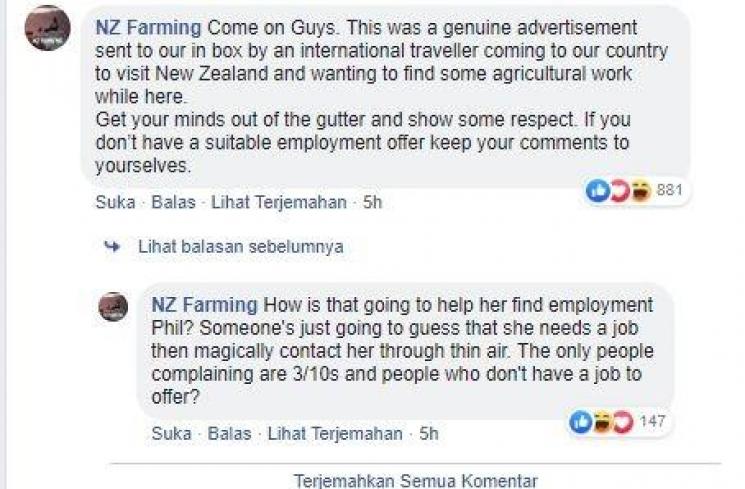 Postingan cari kerja. (Facebook/New Zealand Farming)