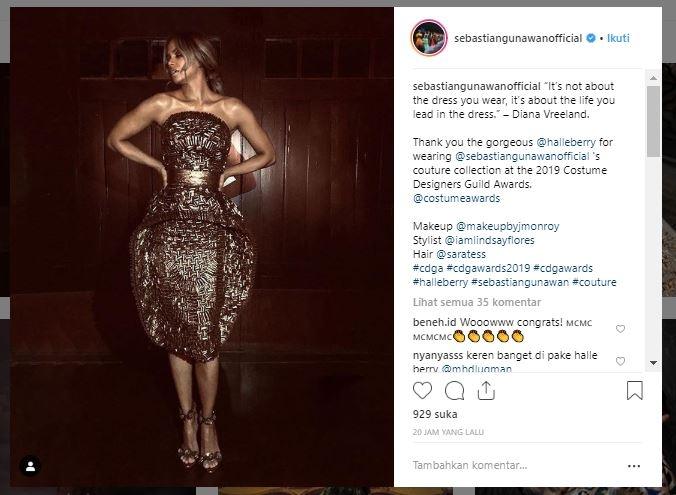 Halle Berry menggunakan gaun rancangan Sebastian Gunawan. (Instagram/@sebastiangunawanofficial)