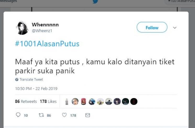 Cuit Twitter kocak tentang #1001AlasanPutus. (Twitter/#1001AlasanPutus)