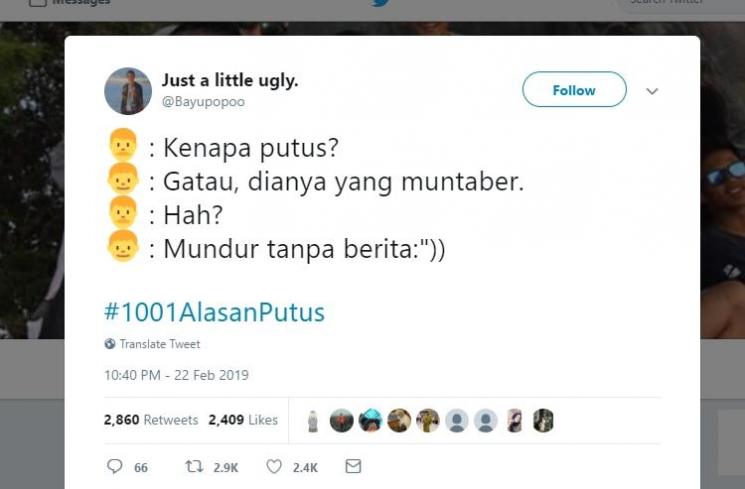 Cuit Twitter kocak tentang #1001AlasanPutus. (Twitter/#1001AlasanPutus)