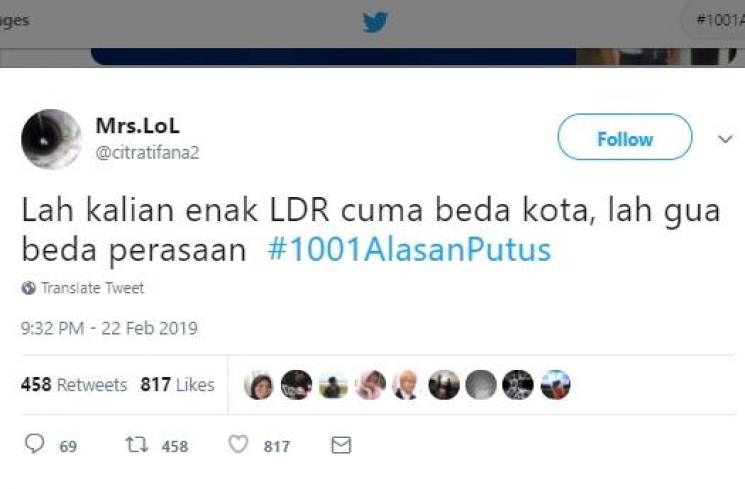 Cuit Twitter kocak tentang #1001AlasanPutus. (Twitter/#1001AlasanPutus)