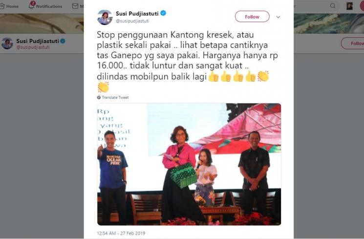 Susi Pudjiastuti Promosikan Tas Ganepo Pengganti Kantong Plastik. (Twitter/@susipudjiastuti)