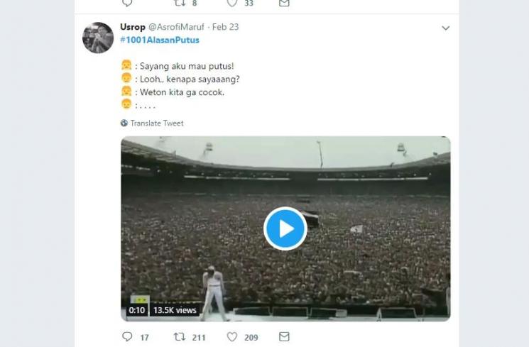 Cuit Twitter kocak tentang #1001AlasanPutus. (Twitter/#1001AlasanPutus)