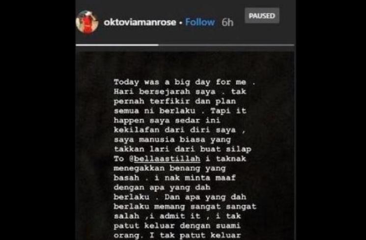 Permintaan maaf Oktovia setelah ketahuan dugem bareng suami orang. (Instagram/@oktoviamanrose)