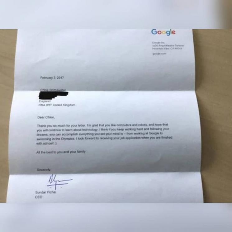 Balasan surat dari CEO Google, Sundar Pichai. (Twitter/@GoogleGirlGB)
