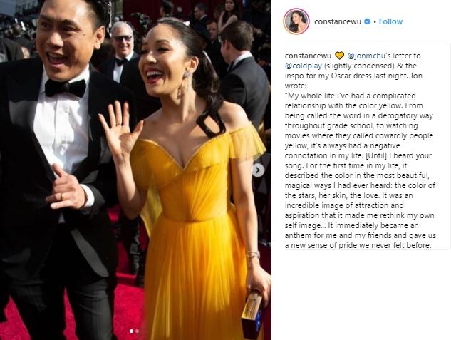 Alasan Constance Wu Pakai Gaun Kuning di Oscar 2019. (Instagram/@constancewu)