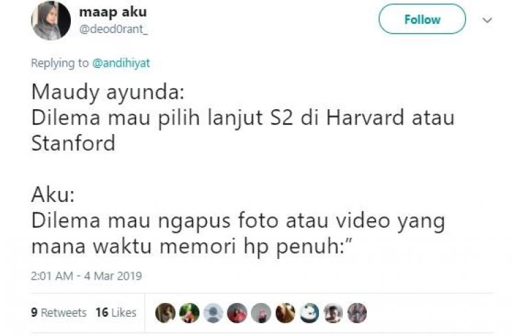 Cuitan Kocak Netizen Tentang Dilema ala Maudy Ayunda. (Twitter)