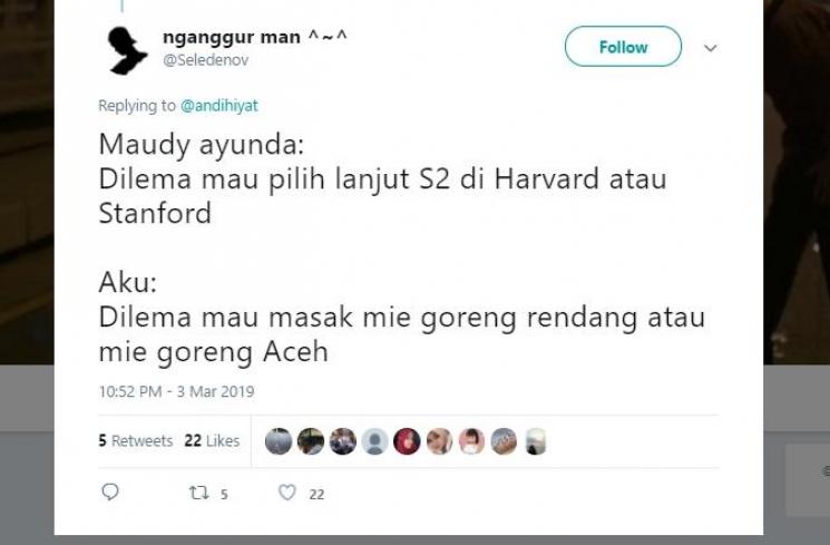 Cuitan Kocak Netizen Tentang Dilema ala Maudy Ayunda. (Twitter)