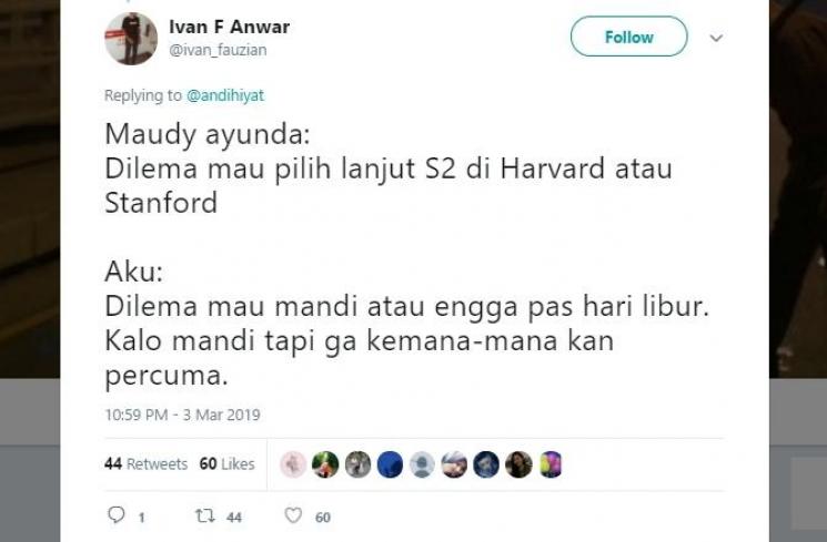 Cuitan Kocak Netizen Tentang Dilema ala Maudy Ayunda. (Twitter)