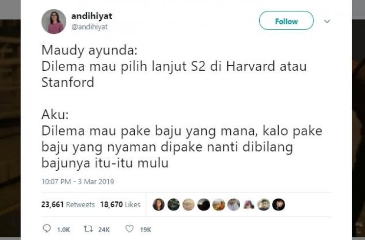 Cuitan Kocak Netizen Tentang Dilema ala Maudy Ayunda. (Twitter)