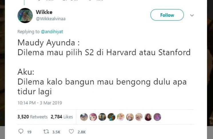 Cuitan Kocak Netizen Tentang Dilema ala Maudy Ayunda. (Twitter)