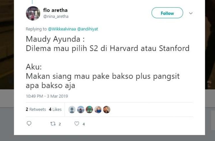 Cuitan Kocak Netizen Tentang Dilema ala Maudy Ayunda. (Twitter)