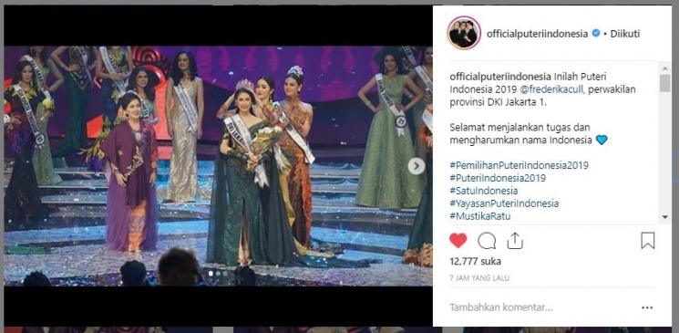 Frederika Alexis Cull, pemenang Puteri Indonesia 2019. (Instagram/@officialputeriindonesia)