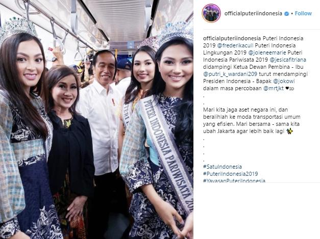 7 Puteri Indonesia Dampingi Jokowi Uji Coba MRT. (Instagram/@officialputeriindonesia)