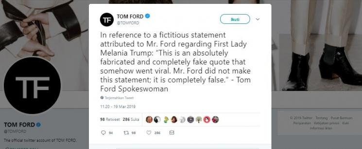 Klarifikasi Tom Ford. (Twitter/TOMFORD)