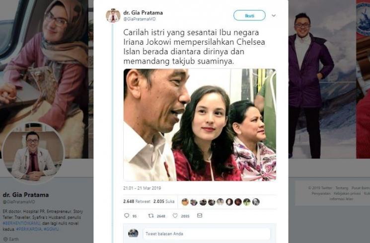 Cuitan dr. Gia tentang Jokowi, Chelsea Islan dan Iriana Joko Widodo. (Twitter/@GiaPratamaMD)