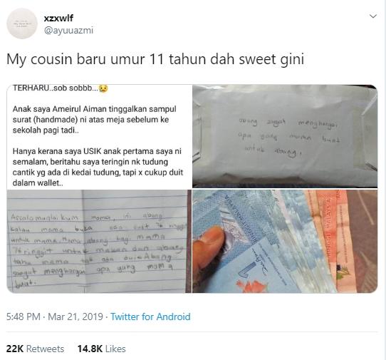 Bocah lelaki memberi uang pada ibunya. (Twitter/@ayuuazmi)