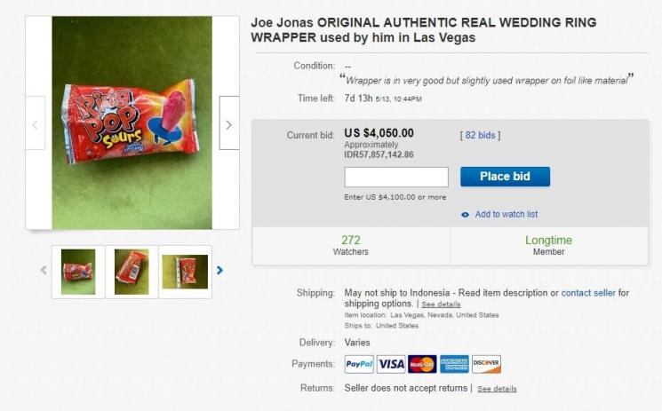 Bungkus permen di pernikahan Joe Jonas dan Sophie Turner yang ditawarkan di E-Bay. (ebay)