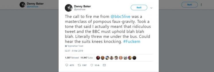 Cuitan Danny Baker. (Twitter/@prodnose)