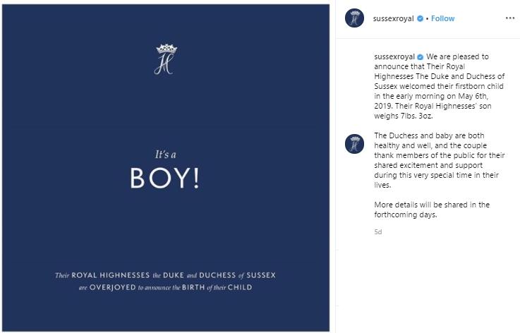 Pangeran Harry dan Meghan Markle Umumkan Kelahiran Anak Pertama Mereka. (Instagram/@sussexroyal)