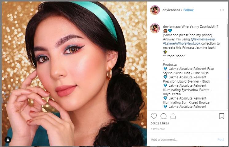Putri Jasmine ala Devienna makeup. (Instagram/@deviennaaa)
