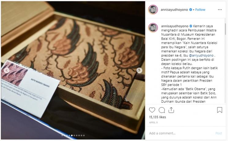 Koleksi batik Ani Yudhoyono. (Instagram/@annissayudhoyono)