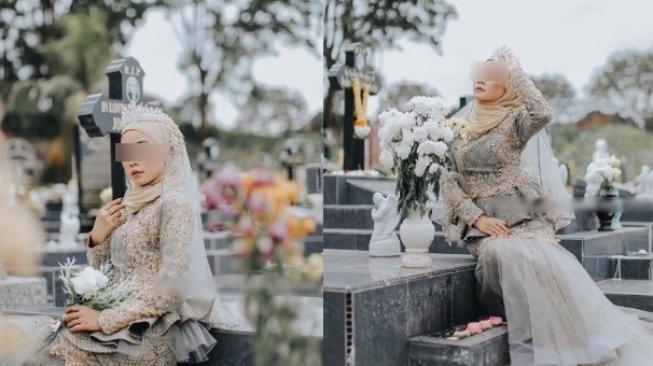 Foto wanita berbusana pengantin di makam. (Twitter)