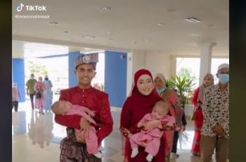 Bikin Tamu Kaget, Pasangan Pengantin Ini Bawa Anak Kembar ke Pelaminan