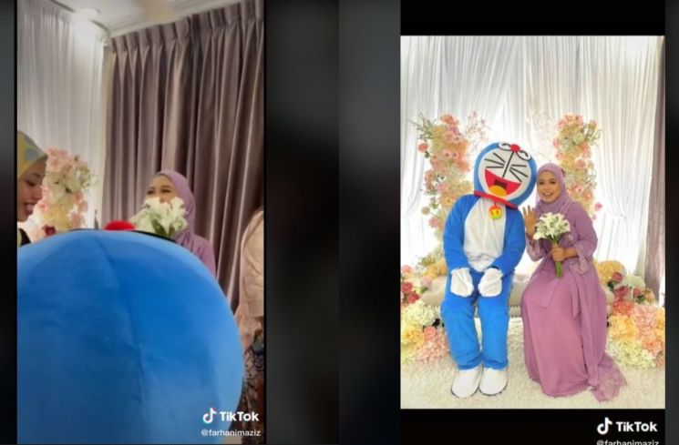 Viral Pria Hadiri Acara Tunangan Sendiri Pakai Kostum Doraemon (tiktok.com/@farhanimaziz)