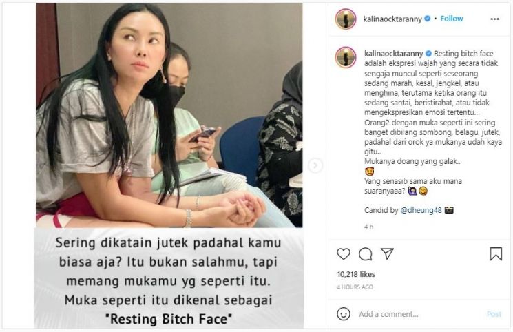 Curhat Kalina Oktarani Dibilang Punya Muka Jutek (instagram.com/kalinaocktaranny)