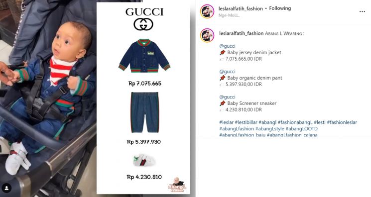 Outfit Baby L yang dibuat dari brand serba Gucci yang harganya mahal (Instagram/leslaralfatih_fashion)