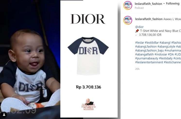 Baby L mengenakan sebuah kaos keluaran brand Dior seharga Rp3 juta (Instagram/leslaralfatih_fashion)