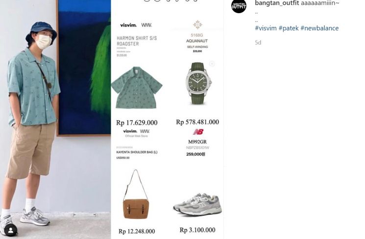 Gaya pakaian RM BTS ketika jalan-jalan ke museum tampak begitu simpel, tapi ternyata senilai total sampai Rp600 juta (Instagram/bangtan_outfit)
