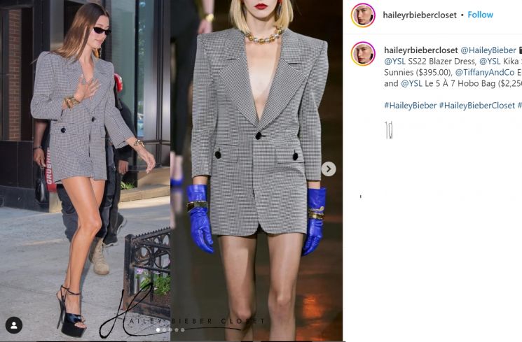 Gaya Hailey Biber ketika jalan-jalan yang hanya tampak mengenakan blazer dan heels terlihat begitu seksi (Instagram/haileybiebercloset)