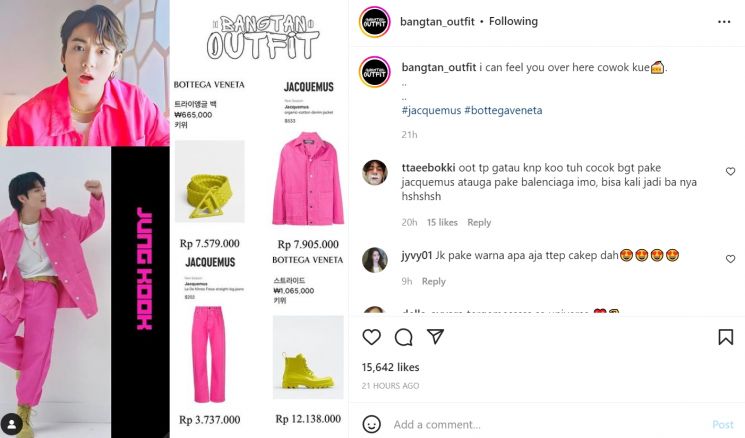 Intip gaya busana dan OOTD Jungkook BTS ketika duet dengan Charlie Puth, mewah dan serba pink (Instagram/bangtan_outfit)