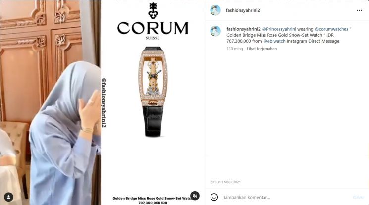 Gaya Syahrini mengenakan jam tangan mewah. (Instagram/fashionsyahrini2)