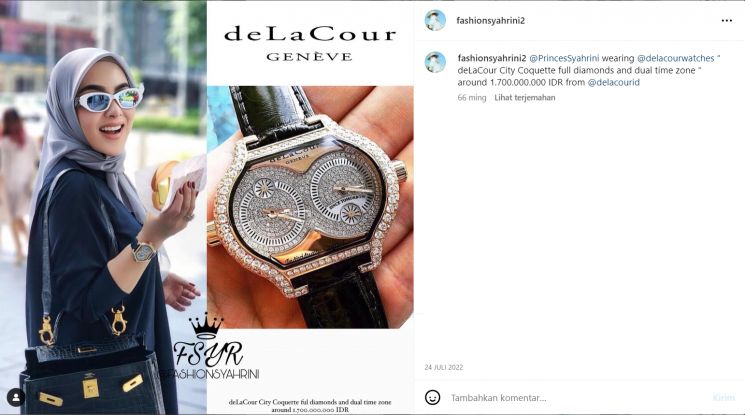 Gaya Syahrini mengenakan jam tangan mewah. (Instagram/fashionsyahrini2)