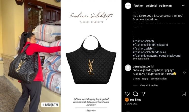Tangkapan layar harga tas branded Kris Dayanti yang dipakai saat turun ke dapil. (Instagram/@fashion__selebriti).