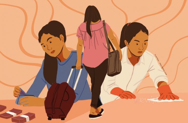 Ilustrasi perjuangan perempuan pekerja migran (Dewiku.com/Ema)