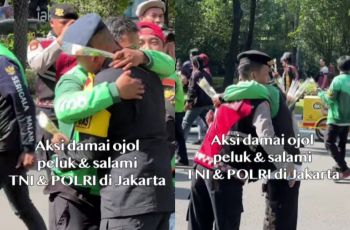 Adem Liatnya! Aksi Damai Ojol Berikan Bunga dan Pelukan ke Polisi dan TNI