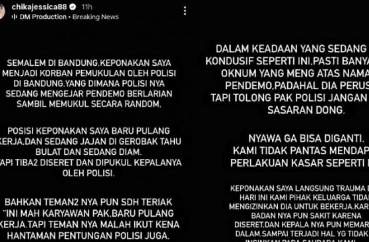 Keponakan artis Chika Jessica justru jadi korban salah pukul oknum polisi (Instagram/chikajessica88)